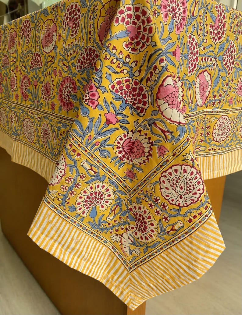 Cotton Block Print Tablecloth Floral Square Rectangle Round Dining Table Cover Handmade Boho