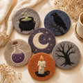 Halloween Wool Felt Coaster Set - Witch Cauldron Raven Moon Potion Candle Tree - Gothic Drink Mats - Fall Table Decor