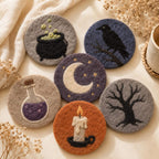 Halloween Wool Felt Coaster Set - Witch Cauldron Raven Moon Potion Candle Tree - Gothic Drink Mats - Fall Table Decor