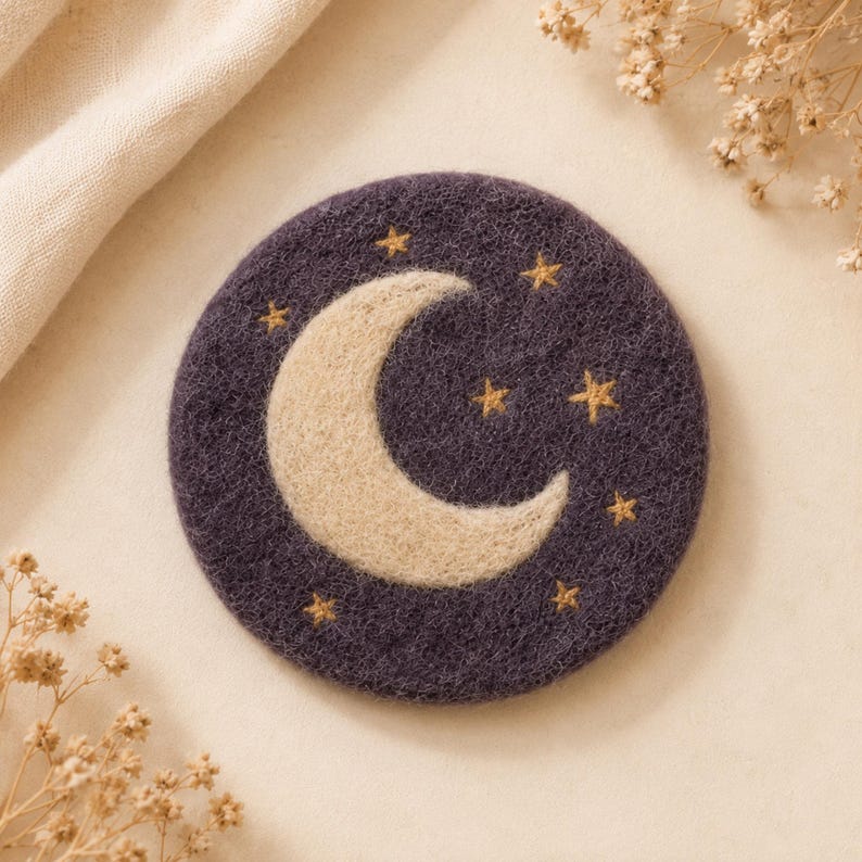 Halloween Wool Felt Coaster Set - Witch Cauldron Raven Moon Potion Candle Tree - Gothic Drink Mats - Fall Table Decor