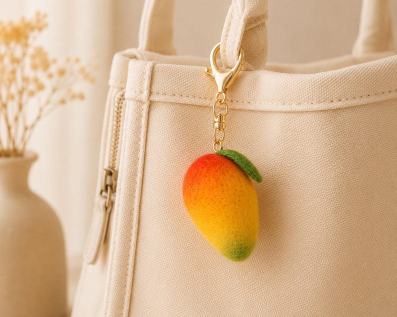Needle Felted Fruit Keychains - Wool Apple, Strawberry, Mango & Orange Slice Bag Charms with Gold-Tone Lobster Clasp, 2 in