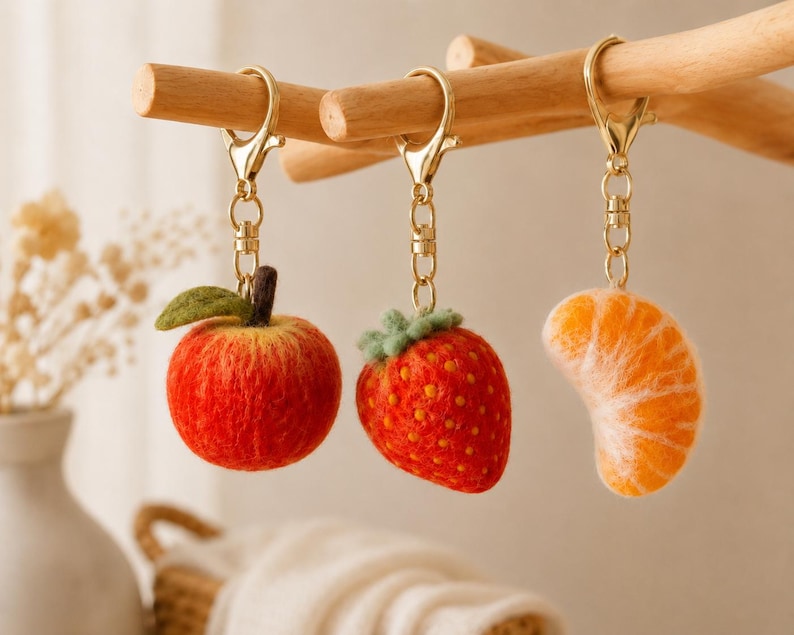 Needle Felted Fruit Keychains - Wool Apple, Strawberry, Mango & Orange Slice Bag Charms with Gold-Tone Lobster Clasp, 2 in