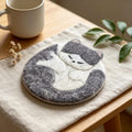Wool Felt Sleeping Cat Coaster, Round 4 Inch Handmade Desk Decor, Set of 4 Designs