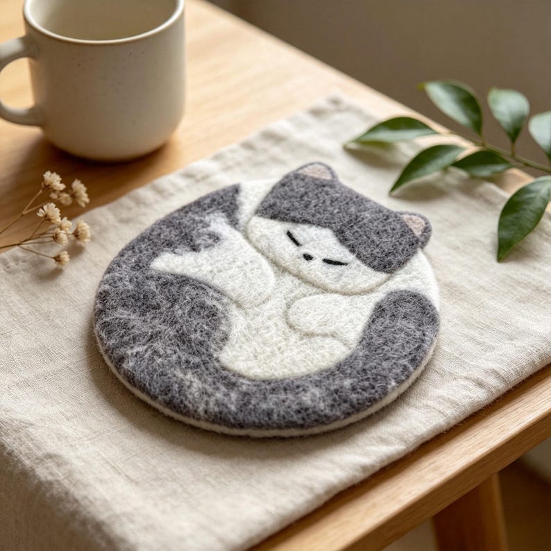 Wool Felt Sleeping Cat Coaster, Round 4 Inch Handmade Desk Decor, Set of 4 Designs