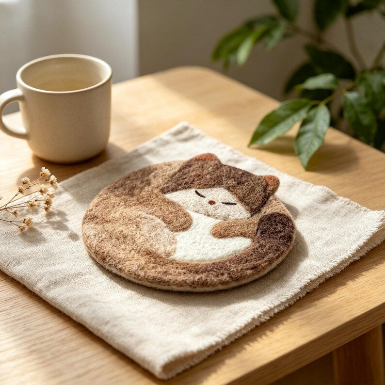 Wool Felt Sleeping Cat Coaster, Round 4 Inch Handmade Desk Decor, Set of 4 Designs