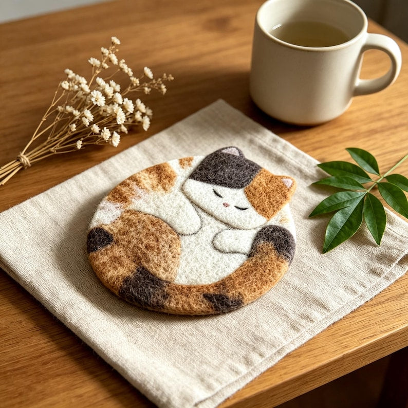 Wool Felt Sleeping Cat Coaster, Round 4 Inch Handmade Desk Decor, Set of 4 Designs