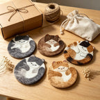 Wool Felt Sleeping Cat Coaster, Round 4 Inch Handmade Desk Decor, Set of 4 Designs