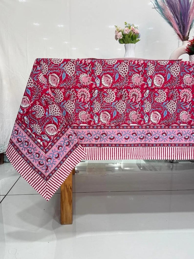 Cotton Block Print Tablecloth Floral Square Rectangle Round Dining Table Cover Handmade Boho