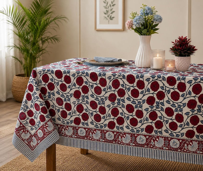 Cotton Block Print Tablecloth Floral Square Rectangle Round Dining Table Cover Handmade Boho