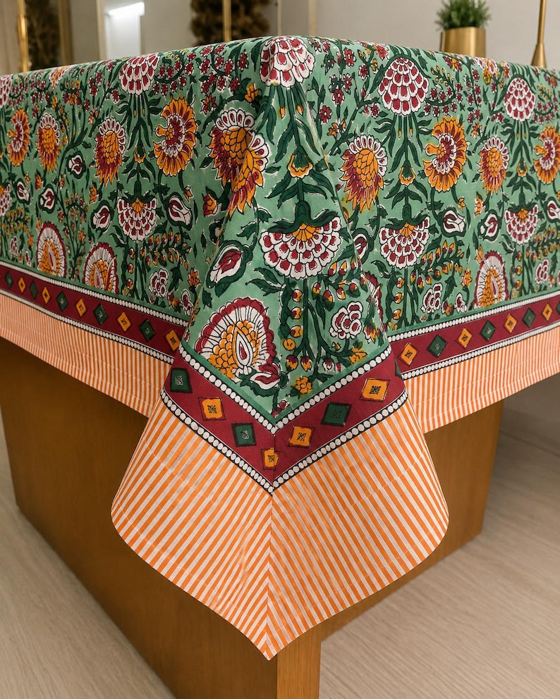 Cotton Block Print Tablecloth Floral Square Rectangle Round Dining Table Cover Handmade Boho