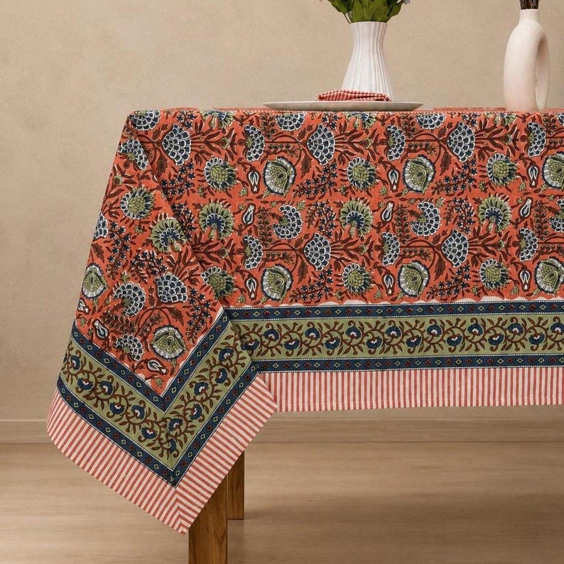 Cotton Block Print Tablecloth Floral Square Rectangle Round Dining Table Cover Handmade Boho