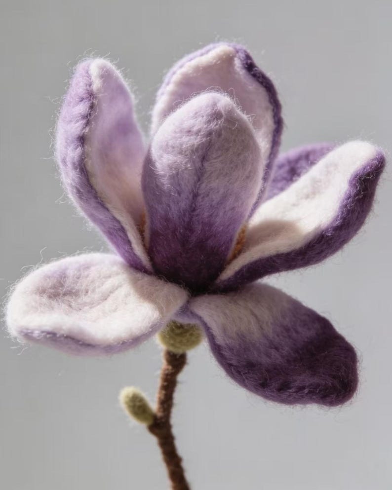 Needle Felted Purple Magnolia Flower Branch, Handmade Wool Spring Blossom, 6 Inch