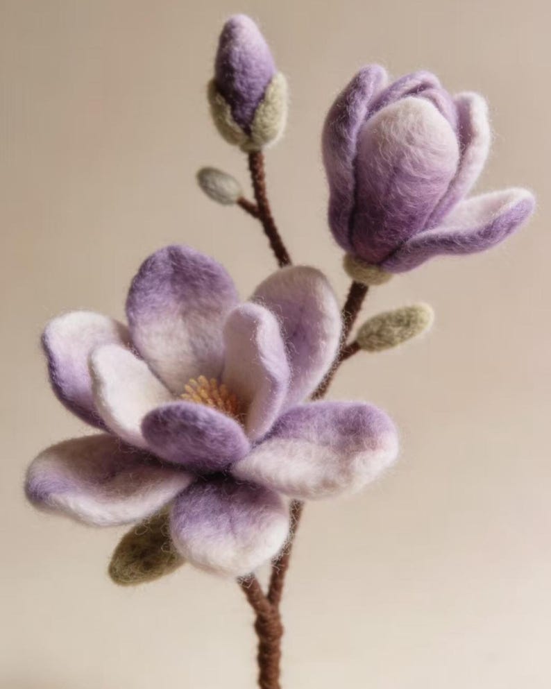 Needle Felted Purple Magnolia Flower Branch, Handmade Wool Spring Blossom, 6 Inch