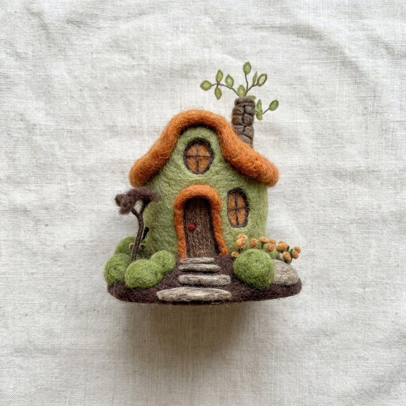 Handmade Needle Felted Woodland Fairy Cottage | 6–8cm Mini Wool Fairy House Decor