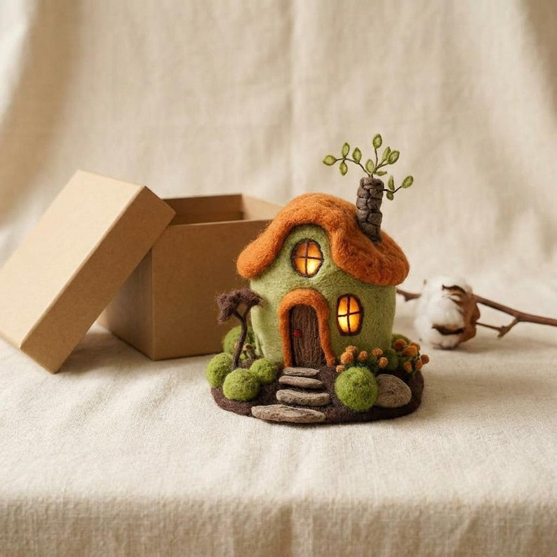 Handmade Needle Felted Woodland Fairy Cottage | 6–8cm Mini Wool Fairy House Decor