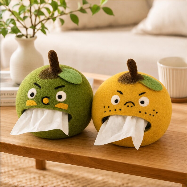 Wool Felt Orange Tissue Box Holder with Grumpy Face, Handmade Desk Decor, 22 cm