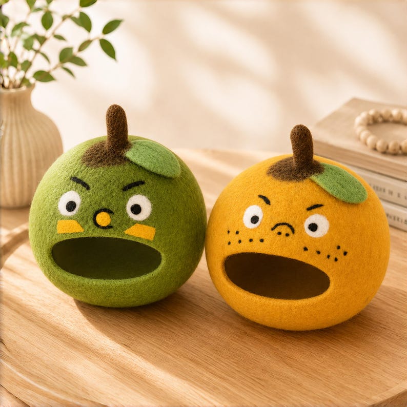 Wool Felt Orange Tissue Box Holder with Grumpy Face, Handmade Desk Decor, 22 cm