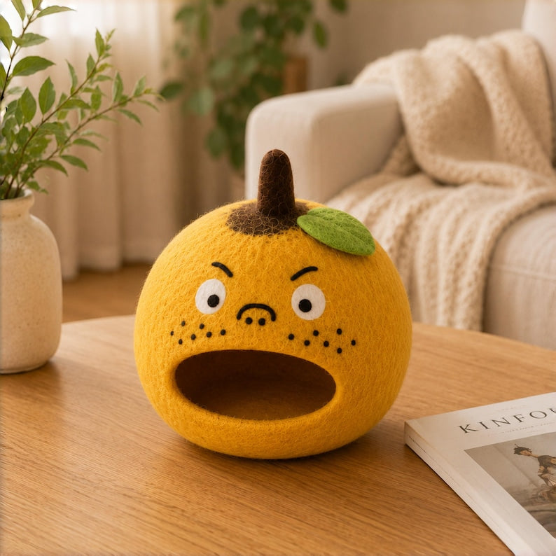 Wool Felt Orange Tissue Box Holder with Grumpy Face, Handmade Desk Decor, 22 cm