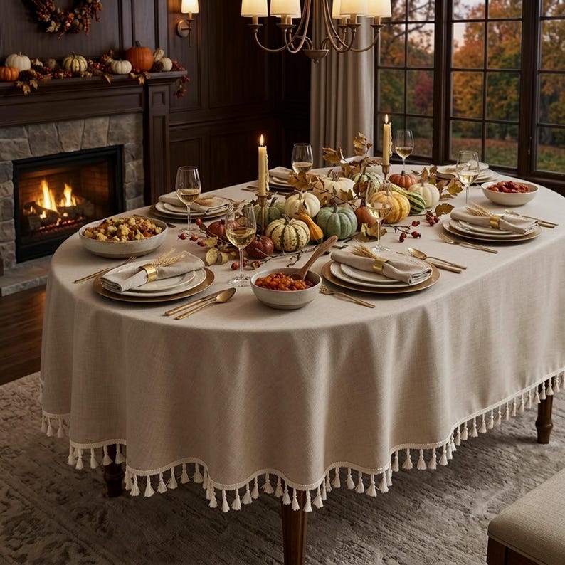 Waterproof Oval & Round Oilcloth Tablecloth, Oatmeal Beige Linen Texture, Large Dining Table Cover with Fringe