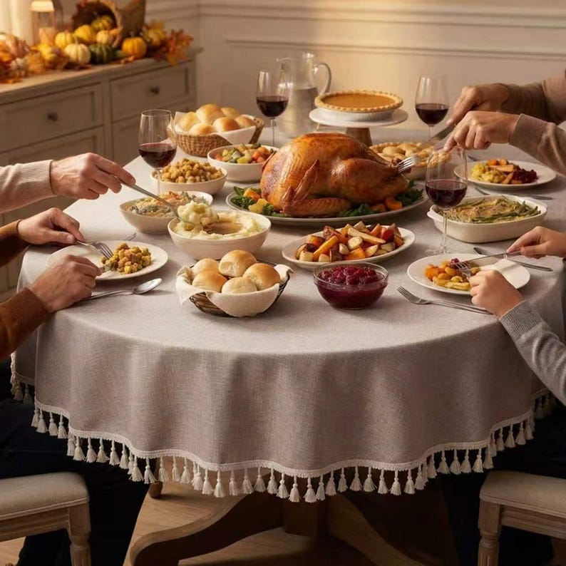 Waterproof Oval & Round Oilcloth Tablecloth, Oatmeal Beige Linen Texture, Large Dining Table Cover with Fringe