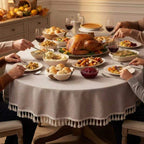 Waterproof Oval & Round Oilcloth Tablecloth, Oatmeal Beige Linen Texture, Large Dining Table Cover with Fringe