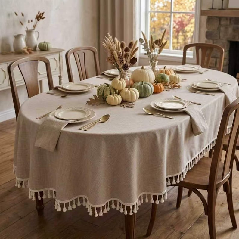 Waterproof Oval & Round Oilcloth Tablecloth, Oatmeal Beige Linen Texture, Large Dining Table Cover with Fringe