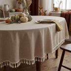 Waterproof Oval & Round Oilcloth Tablecloth, Oatmeal Beige Linen Texture, Large Dining Table Cover with Fringe