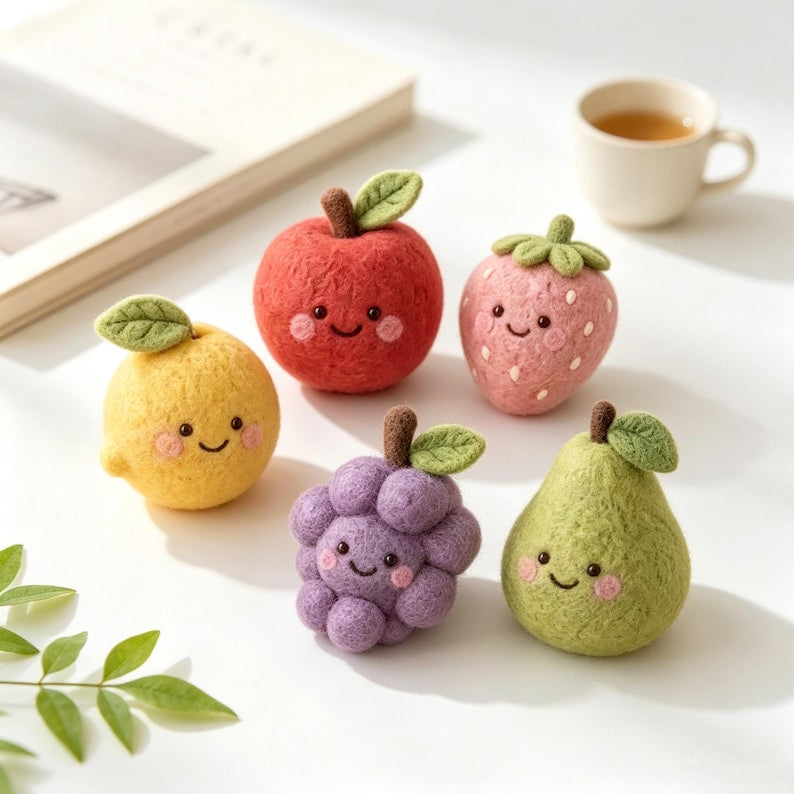 Needle Felted Fruit Figurine Set – Wool Apple Strawberry Lemon Grape Pear Ornaments, Miniature Desk Decor