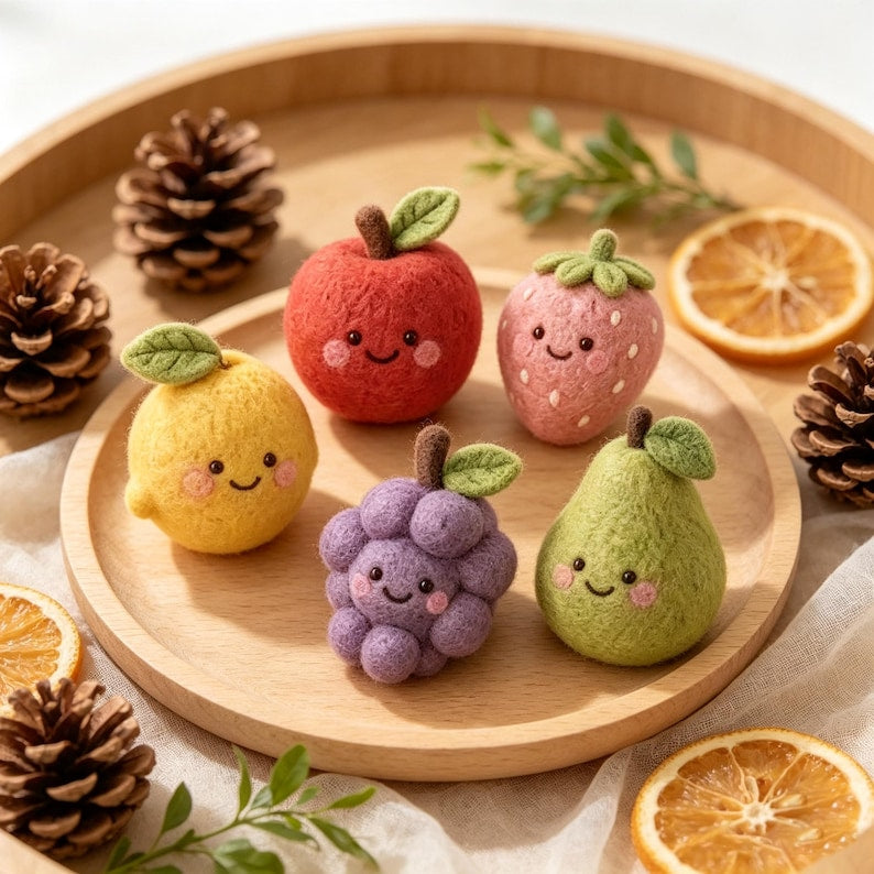 Needle Felted Fruit Figurine Set – Wool Apple Strawberry Lemon Grape Pear Ornaments, Miniature Desk Decor