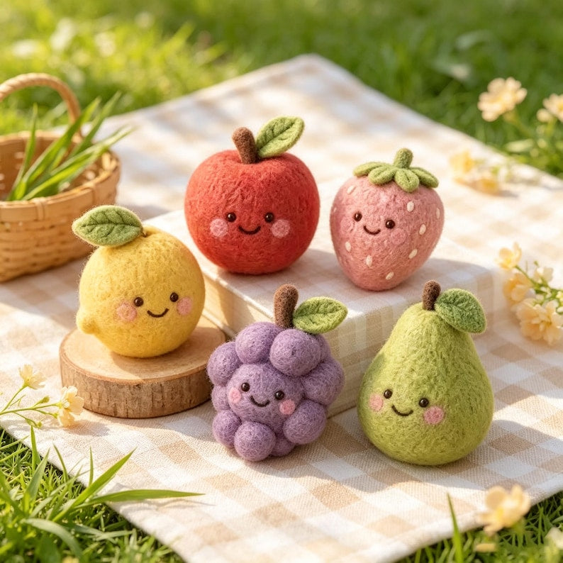 Needle Felted Fruit Figurine Set – Wool Apple Strawberry Lemon Grape Pear Ornaments, Miniature Desk Decor