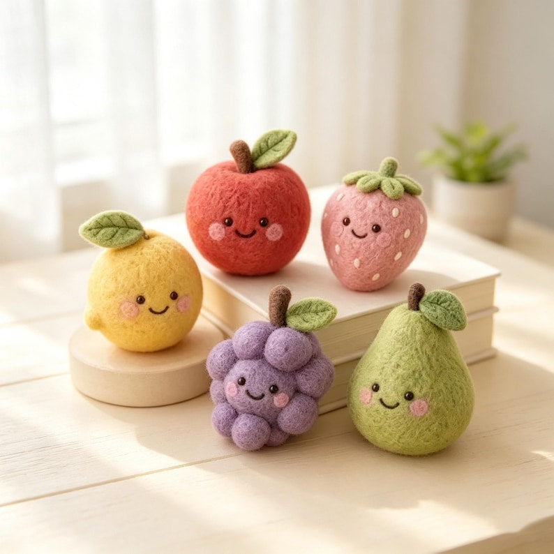 Needle Felted Fruit Figurine Set – Wool Apple Strawberry Lemon Grape Pear Ornaments, Miniature Desk Decor