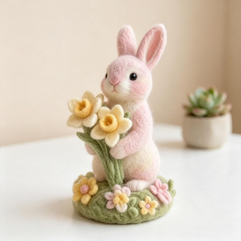 Hand Needle Felt Pink Bunny Figurine Holding Daffodil Flowers, Wool Felt Rabbit Ornament, Miniature Spring Floral Desk Decor