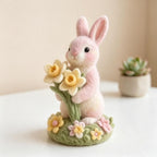Hand Needle Felt Pink Bunny Figurine Holding Daffodil Flowers, Wool Felt Rabbit Ornament, Miniature Spring Floral Desk Decor