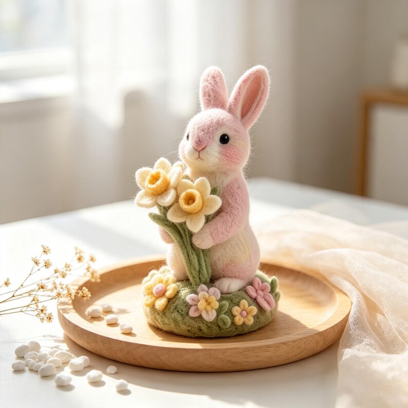 Hand Needle Felt Pink Bunny Figurine Holding Daffodil Flowers, Wool Felt Rabbit Ornament, Miniature Spring Floral Desk Decor