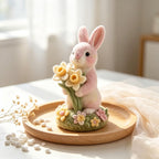 Hand Needle Felt Pink Bunny Figurine Holding Daffodil Flowers, Wool Felt Rabbit Ornament, Miniature Spring Floral Desk Decor
