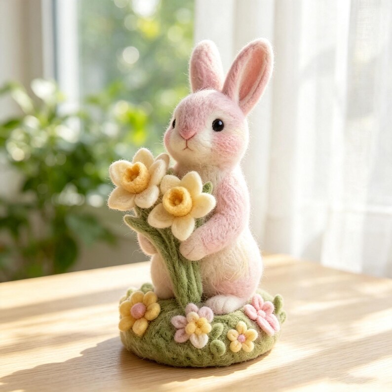 Hand Needle Felt Pink Bunny Figurine Holding Daffodil Flowers, Wool Felt Rabbit Ornament, Miniature Spring Floral Desk Decor