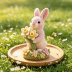 Hand Needle Felt Pink Bunny Figurine Holding Daffodil Flowers, Wool Felt Rabbit Ornament, Miniature Spring Floral Desk Decor