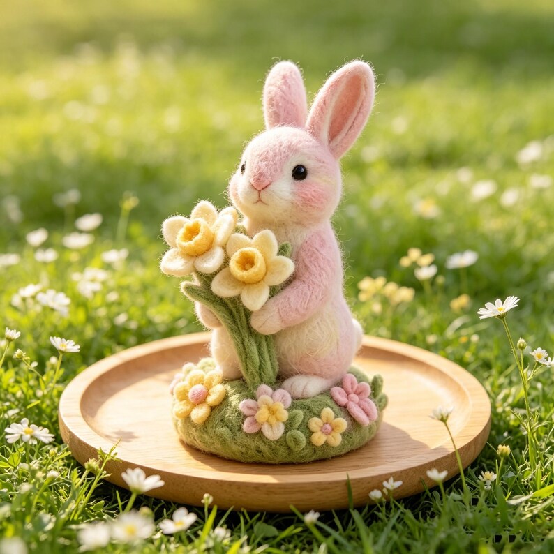 Hand Needle Felt Pink Bunny Figurine Holding Daffodil Flowers, Wool Felt Rabbit Ornament, Miniature Spring Floral Desk Decor