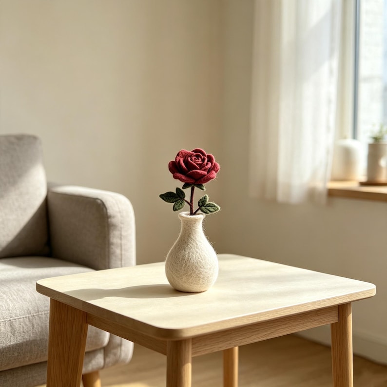 Needle Felted Wool Flower Branch with Optional Felt Vase, Handmade Floral Table Decor, 4 in Stem, 2 in Vase