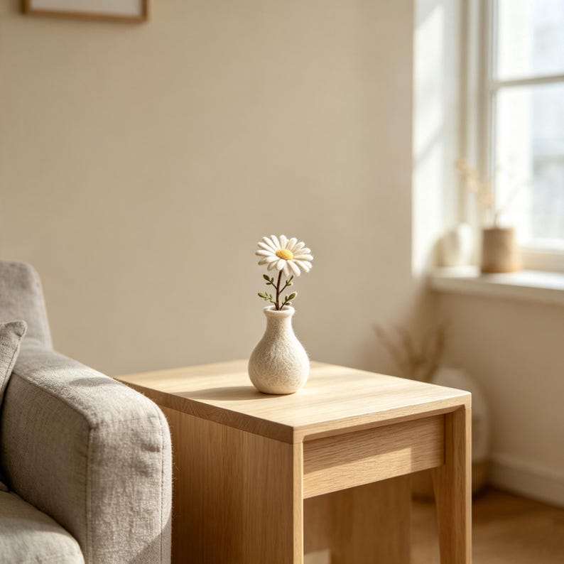 Needle Felted Wool Flower Branch with Optional Felt Vase, Handmade Floral Table Decor, 4 in Stem, 2 in Vase