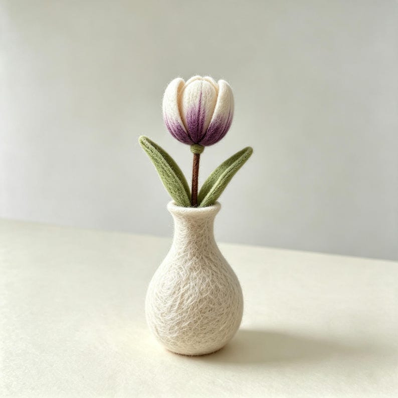 Needle Felted Wool Flower Branch with Optional Felt Vase, Handmade Floral Table Decor, 4 in Stem, 2 in Vase