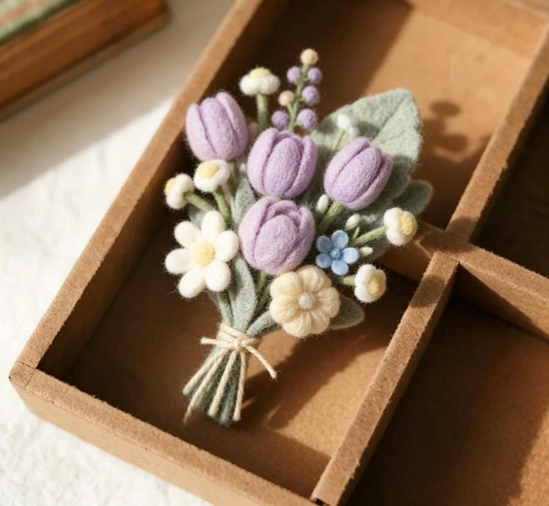 Needle Felted Wool Flower Branch 3.5 Inch Handmade Eternal Floral Stem for Home Desktop Decor