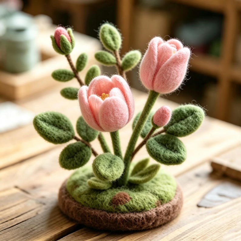Needle Felted Mini Flower Arrangement 4 Inch Wool Felt Flower Decor with Moss Base Desk Ornament Allergy-Free Handmade Gift