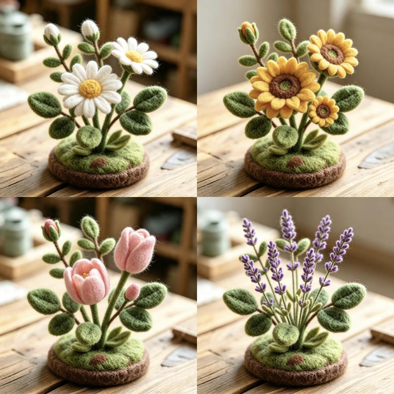 Needle Felted Mini Flower Arrangement 4 Inch Wool Felt Flower Decor with Moss Base Desk Ornament Allergy-Free Handmade Gift