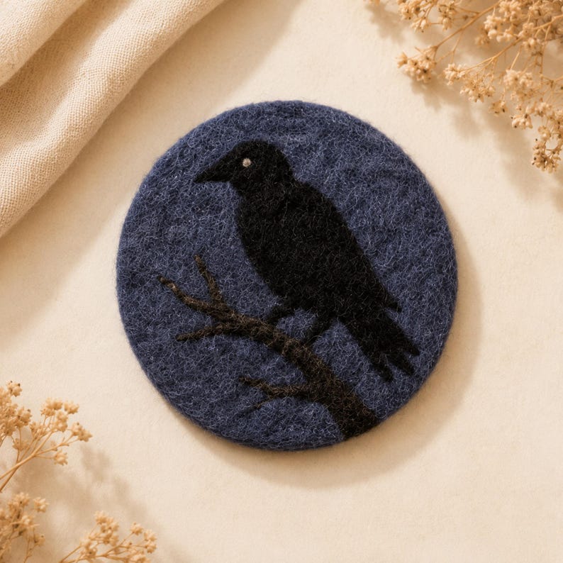 Halloween Wool Felt Coaster Set - Witch Cauldron Raven Moon Potion Candle Tree - Gothic Drink Mats - Fall Table Decor