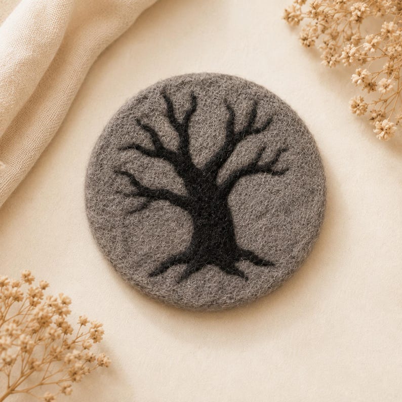 Halloween Wool Felt Coaster Set - Witch Cauldron Raven Moon Potion Candle Tree - Gothic Drink Mats - Fall Table Decor