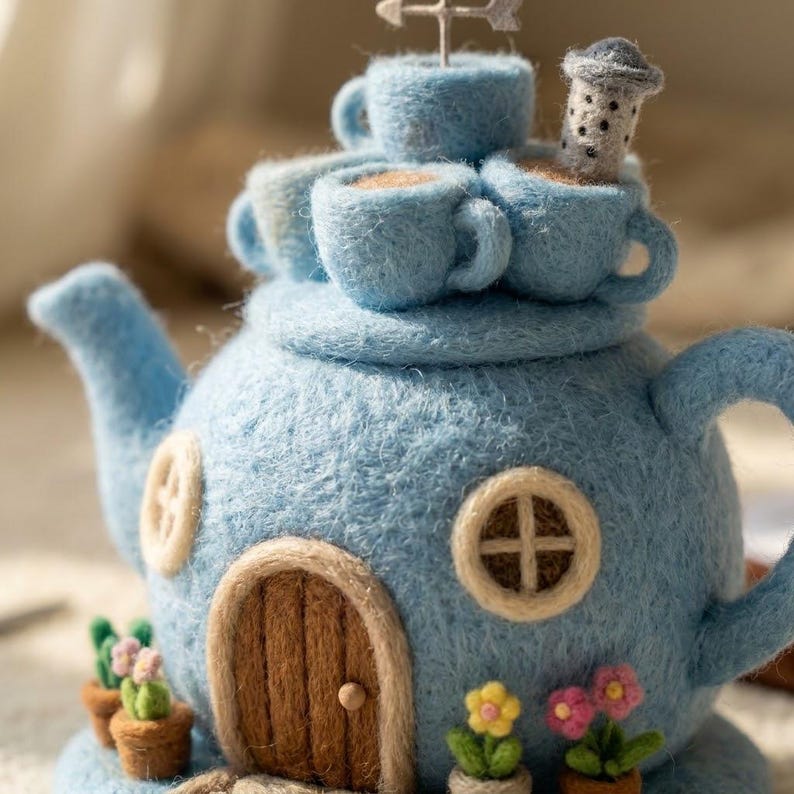 Handmade Needle Felted Mini Teapot House | 6–8cm Wool Fairy Teapot Home Decor