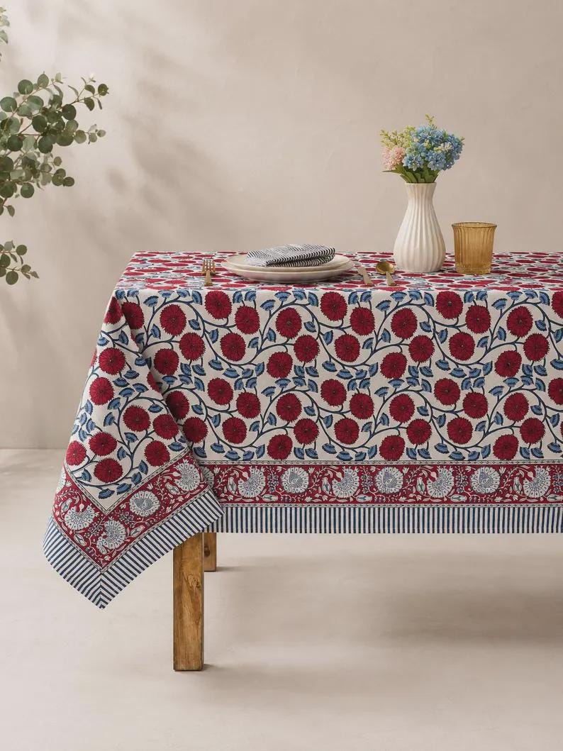 Floral Cotton Tablecloth Hand Block Print Square Rectangle Round