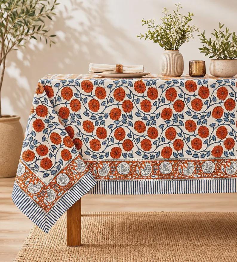 Floral Cotton Tablecloth Hand Block Print Square Rectangle Round