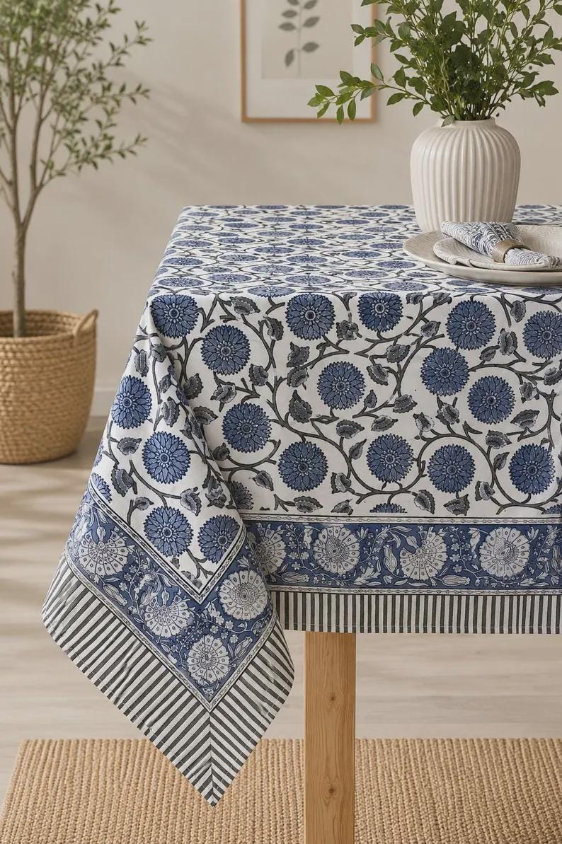 Floral Cotton Tablecloth Hand Block Print Square Rectangle Round